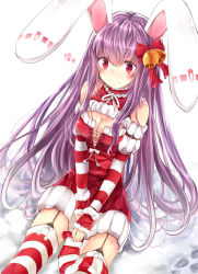 Rule 34 | 1girl, animal ears, bow, breasts, christmas, cleavage, cleavage cutout, clothing cutout, cross-laced clothes, detached sleeves, dutch angle, garter straps, hair bow, halterneck, heart, highres, long hair, purple hair, rabbit ears, red eyes, reisen udongein inaba, simple background, sitting, striped clothes, striped thighhighs, thighhighs, touhou, very long hair, white background, xe-cox, zettai ryouiki