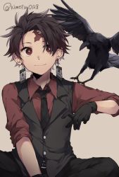 Rule 34 | 1boy, artist name, beige background, bird, black gloves, black necktie, black pants, black vest, brown hair, commentary request, crow, dress shirt, earrings, gloves, jewelry, kamado tanjirou, kimetsu no yaiba, long sleeves, looking to the side, loose necktie, makura (makura0128), male focus, necktie, pants, red eyes, red shirt, scar, scar on face, scar on forehead, shirt, simple background, sitting, smile, solo, twitter username, vest, waistcoat, wing collar