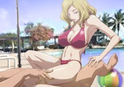 Rule 34 | 1girl, armpits, ball, bare arms, bare legs, bare shoulders, bikini, bikini bottom only, blonde hair, blue eyes, breasts, cleavage, clothed female nude male, code geass, day, covered erect nipples, feet, kyabakurabakufu, large breasts, legs, looking down, lying, milly ashford, navel, nude, outdoors, parted lips, red bikini, short hair, sitting, sitting on person, sky, solo focus, swimsuit, thighs, toes