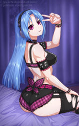 Rule 34 | 1girl, 5pb (neptunia), adapted costume, ass, bare shoulders, black legwear, blue hair, breasts, choujigen game neptune mk2, commentary, detached collar, english commentary, grin, headphones, idol, indoors, jyu ichi, long hair, looking at viewer, looking back, medium breasts, midriff, mole, mole under eye, musical note, musical note print, neptune (series), on bed, pink eyes, purple eyes, sitting, smile, solo, thighs, torn clothes, torn legwear, v over eye