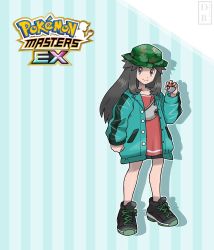 Rule 34 | 1girl, bike shorts, brown hair, buttons, camouflage, camouflage headwear, clenched hand, closed mouth, coat, collarbone, commentary, copyright name, creatures (company), dreambig, eyelashes, full body, game freak, green coat, hand up, hat, highres, holding, holding poke ball, leaf (pokemon), leaf (sygna suit) (pokemon), long hair, long sleeves, looking at viewer, nintendo, official alternate costume, open clothes, open coat, pink shirt, poke ball, poke ball (basic), pokemon, pokemon masters ex, shirt, shoes, sidelocks, smile, sneakers, solo, standing