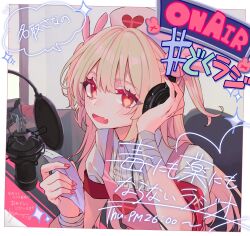 Rule 34 | 1girl, apron, bandaged wrist, bandages, blonde hair, blush, border, center frills, collared shirt, commentary request, english text, fang, frills, hair ornament, hand on headphones, hands up, hashtag, hat, heart, heart print, highres, holding, holding paper, kaiya, long hair, looking at viewer, microphone, natori sana, nurse cap, on chair, open mouth, outside border, paper, pink apron, pink nails, print headwear, rabbit hair ornament, recording studio, red eyes, sana channel, shirt, sign, skin fang, smile, solo, speech bubble, studio microphone, timestamp, translation request, two side up, upper body, virtual youtuber, white border, white shirt