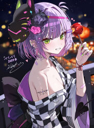 1girl absurdres arm_tattoo bandaid bandaid_on_face bandaid_on_neck barbell_piercing blurry blurry_background breasts candy_apple chain chain_earrings checkered_clothes checkered_kimono cleavage colored_inner_hair commentary cross cross_earrings demon_girl demon_tail ear_piercing earclip earrings english_commentary flower food fox_mask green_eyes green_nails grin hair_flower hair_ornament hairclip highres holding holding_candy_apple holding_weapon hololive industrial_piercing japanese_clothes jewelry kimono kkato long_sleeves looking_at_viewer mask mask_on_head medium_breasts multicolored_hair multicolored_nails nail_polish neck_tattoo night no_bra official_alternate_costume official_alternate_hair_length official_alternate_hairstyle outdoors piercing pink_hair pointy_ears purple_hair purple_nails short_hair single_off_shoulder smile solo streaked_hair tail tail_ornament tail_piercing tattoo tokoyami_towa tokoyami_towa_(new_year) virtual_youtuber weapon white_kimono wide_sleeves winged_heart_tattoo