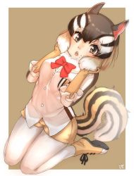 Rule 34 | 1girl, :o, boots, bow, bowtie, brown background, brown eyes, brown hair, chipmunk (kemono friends), chipmunk ears, chipmunk tail, commentary request, elbow gloves, food, food on face, full body, fur collar, gloves, hair between eyes, hands up, highres, kemono friends, pantyhose under shorts, looking at viewer, multicolored hair, pantyhose, red bow, red bowtie, short hair, short shorts, shorts, simple background, solo, thin (suzuneya), white hair, white pantyhose