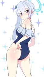 Rule 34 | 1girl, absurdres, ass, bare legs, bare shoulders, blue archive, blue halo, blue one-piece swimsuit, blush, breasts, closed mouth, feet out of frame, frilled one-piece swimsuit, frills, grey hair, halo, highres, long hair, miyako (blue archive), miyako (swimsuit) (blue archive), off-shoulder one-piece swimsuit, off shoulder, official alternate costume, omurainu, one-piece swimsuit, ponytail, purple eyes, small breasts, solo, swimsuit, white background