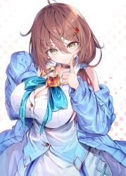 Rule 34 | 1girl, ahoge, black choker, blue bow, blue bowtie, blue cardigan, bow, bowtie, breasts, brown hair, cardigan, choker, cleavage, closed mouth, collared shirt, fal maro, finger to cheek, hair ornament, hairclip, hands up, highres, huge breasts, irodori ent post, looking at viewer, low twintails, messy hair, misono yui, off shoulder, open cardigan, open clothes, shirt, short hair, simple background, sleeveless, sleeveless shirt, sleeves past fingers, sleeves past wrists, solo, twintails, virtual youtuber, white shirt, yellow eyes