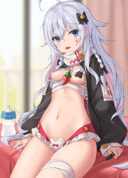 Rule 34 | 1girl, absurdres, ahoge, baby bottle, bandages, bandaged leg, bandages, bandaid, bandaids on nipples, bikini, bikini bottom only, black jacket, blue eyes, blurry, bottle, bow, braid, breasts, depth of field, facial mark, frilled bikini, frills, hair bow, highres, jacket, kagura nana, long hair, long sleeves, looking at viewer, multicolored hair, nanakagu karatou ch, navel, open clothes, open jacket, open mouth, pasties, puffy sleeves, qianqiu wanxia, revealing clothes, silver hair, small breasts, smile, solo, stomach, swimsuit, thighs, two-tone hair, very long hair, virtual youtuber, white bikini