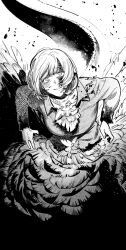 Rule 34 | 1girl, blood, blood on face, cowboy shot, crazy smile, dragon tail, dungeon meshi, falin touden, falin touden (chimera), feathers, from above, greyscale, hatching (texture), highres, looking at viewer, monochrome, monster girl, official style, shirt, short hair, slit pupils, smile, solo, tail, taur, yode