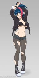 Rule 34 | 1girl, absurdres, arms up, artist name, bikini, black bikini, black footwear, black gloves, black hair, black jacket, black pantyhose, breasts, choker, chuunioniika, cleavage, collarbone, cropped jacket, denim, denim shorts, fangs, fingerless gloves, full body, gloves, highres, jacket, large breasts, long sleeves, millaarc, multicolored hair, nail polish, navel, open mouth, pantyhose, red hair, red nails, senki zesshou symphogear, shoes, short hair, short shorts, shorts, single glove, smile, sneakers, solo, swimsuit, teeth, torn clothes, torn pantyhose, torn shorts, unzipped, upper teeth only, yellow eyes, zipper, zipper pull tab