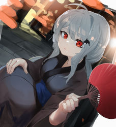 Rule 34 | 1girl, absurdres, ahoge, alternate costume, ao oni (onioni-aoi), arknights, black kimono, breasts, grey hair, hand fan, hand on own knee, highres, holding, holding fan, japanese clothes, kimono, long hair, long sleeves, looking at viewer, low ponytail, medium breasts, night, obi, orca hair ornament, outdoors, paper fan, parted lips, red eyes, sash, sidelocks, skadi (arknights), smile, solo, squatting, uchiwa, wide sleeves, yukata