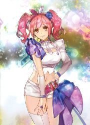 Rule 34 | 10s, 1girl, absurdres, asymmetrical legwear, asymmetrical sleeves, blue flower, bracelet, breasts, cleavage cutout, clothing cutout, cowboy shot, flower, hair flower, hair ornament, hairband, hand on own hip, highres, jewelry, large breasts, long hair, looking at viewer, macross, macross delta, majiro (mazurka), makina nakajima, midriff, navel, necktie, pink hair, purple hairband, red eyes, ring, shiny skin, shirt, short necktie, short shorts, shorts, smile, solo, standing, stomach, taut clothes, taut shirt, thighhighs, twintails, uneven legwear, uneven sleeves, white necktie, white shorts, white thighhighs