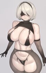Rule 34 | 1girl, 2b (nier:automata), absurdres, bare shoulders, bikini, black blindfold, black hairband, blindfold, breasts, closed mouth, cowboy shot, curvy, elbow gloves, facing viewer, gloves, grey background, hairband, highleg, highleg bikini, highres, kelvin hiu, large breasts, micro bikini, mole, mole under mouth, navel, nier:automata, nier (series), shiny skin, short hair, simple background, solo, standing, swimsuit, thong, thong bikini, white hair, wide hips