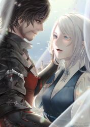 Rule 34 | 1boy, 1girl, absurdres, armor, beard stubble, black armor, black hair, chinstrap beard, clive rosfield, couple, eye contact, facial hair, final fantasy, final fantasy xvi, grey hair, hand on another&#039;s face, highres, hisame snow, jill warrick, leather vest, looking at another, neck ribbon, open mouth, ribbon, smile, stubble, tears