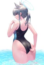 Rule 34 | 1girl, absurdres, adjusting clothes, adjusting swimsuit, animal ear fluff, animal ears, ass, black one-piece swimsuit, blue archive, blue eyes, blush, breasts, commentary request, competition swimsuit, cross, cross hair ornament, extra ears, grey hair, hair ornament, halo, highres, inverted cross, korean commentary, lee jin byeol, looking at viewer, looking back, medium hair, multicolored clothes, multicolored swimsuit, ocean, one-piece swimsuit, ponytail, school swimsuit, shiroko (blue archive), shiroko (swimsuit) (blue archive), simple background, soaking feet, solo, swimsuit, thighs, white background
