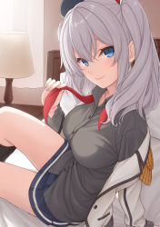 Rule 34 | 10s, 1girl, bedroom, blue eyes, breasts, epaulettes, frilled sleeves, frills, gloves, indoors, kantai collection, kashima (kancolle), large breasts, light smile, lips, looking at viewer, military, military uniform, miniskirt, nananichi, neckerchief, on bed, pleated skirt, sidelocks, silver hair, sitting, skirt, tsurime, twintails, uniform, wavy hair, white gloves