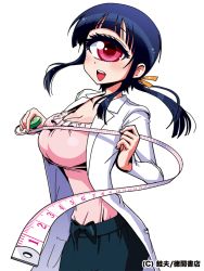 Rule 34 | 1girl, black hair, breasts, cleavage, cyclops, hitomi (hitomi sensei no hokenshitsu), hitomi sensei no hokenshitsu, lab coat, large breasts, long hair, long sleeves, manaka hitomi, monster girl, official art, one-eyed, open mouth, red eyes, school nurse, shake-o, sidelocks, simple background, smile, solo, tape measure, white background