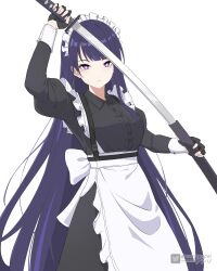 Rule 34 | 1girl, absurdres, alternate costume, alternate hairstyle, apron, asiri senpai, black gloves, black hair, blunt bangs, collared shirt, commentary, english commentary, enmaided, fingerless gloves, genshin impact, gloves, hair down, highres, holding, holding sword, holding weapon, katana, long hair, long sleeves, looking at viewer, maid, maid apron, maid headdress, mole, mole under eye, purple eyes, raiden shogun, shirt, shoulder strap, sidelocks, simple background, solo, sword, victorian, waist apron, weapon, white background