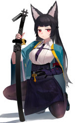 Rule 34 | 1girl, absurdres, animal ears, black hair, black pantyhose, blouse, blue cape, blunt bangs, braid, breasts, cape, character request, closed mouth, french braid, gauntlets, high-waist skirt, highres, holding, holding sheath, holding sword, holding weapon, hoshimi miyabi, long hair, looking at viewer, nail polish, necktie, on one knee, pantyhose, red eyes, red nails, sheath, sheathed, shenqi de (9), shirt, simple background, single gauntlet, skirt, solo, sword, tassel, very long hair, weapon, white background, white shirt, zenless zone zero