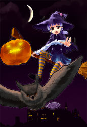 Rule 34 | 1girl, bird, candy, capelet, castle, crescent, crescent moon, flying, food, halloween, hat, heart, jack-o&#039;-lantern, lollipop, mizuki (mizuki ame), moon, night, night sky, open mouth, original, outstretched arm, outstretched hand, owl, pointy ears, pumpkin, purple hair, red eyes, short hair, sky, solo, striped clothes, striped thighhighs, thighhighs, twintails, witch hat