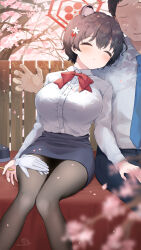 Rule 34 | 1boy, 1girl, animal ears, black hair, black pantyhose, black skirt, blue archive, blush, breasts, buttons, closed eyes, collared shirt, extra ears, feet out of frame, gloves, hair between eyes, hair ornament, halo, highres, large breasts, long sleeves, masshirokachi, official alternate costume, pantyhose, parted lips, pencil skirt, red halo, sensei (blue archive), shirt, short hair, signature, sitting, skirt, sleeping, tsubaki (blue archive), tsubaki (guide) (blue archive), twitter username, unworn gloves, white gloves, white shirt