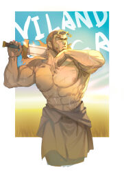 Rule 34 | 1boy, abs, bara, beard, brant0815, brown hair, facial hair, field, hand up, holding, holding sword, holding weapon, long hair, male focus, multiple scars, muscular, muscular male, nipples, outdoors, pectorals, scar, scar on arm, scar on chest, sideburns, standing, sweat, sword, thors, topless male, vinland saga, weapon