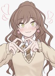 Rule 34 | 1girl, bang dream!, blush, brown hair, brown necktie, collared shirt, earrings, female focus, green eyes, grey background, heart, heart hands, highres, imai lisa, jewelry, long hair, looking at viewer, necktie, portrait, shirt, smile, sodai (kirehnagomi), solo, sweater, white shirt, yellow sweater