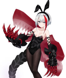 Rule 34 | 1girl, absurdres, adapted costume, admiral graf spee (azur lane), alternate costume, animal ears, azur lane, bare shoulders, black leotard, black pantyhose, blue eyes, blush, breasts, claws, covered navel, fake animal ears, frown, gauntlets, hair between eyes, hand up, highres, legs together, leotard, light frown, looking at viewer, mechanical tail, medium hair, multicolored hair, pantyhose, pittopanikku, rabbit ears, red hair, rigging, serious, short hair, skin tight, small breasts, solo, staring, strapless, strapless leotard, tail, two-tone hair, white hair