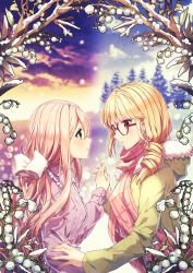 Rule 34 | 2girls, abigail (heart of the woods), blonde hair, bow, flower, forest, glasses, hair ornament, hair ribbon, holding hands, heart of the woods, highres, hood, hoodie, looking at another, maddie raines, multiple girls, nature, official art, pink hair, profile, ribbon, rosuuri, scarf, sky, snow, snowing, tree, yuri