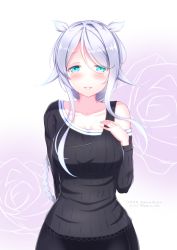 Rule 34 | 1girl, artist name, asymmetrical clothes, bare shoulders, black skirt, black sweater, blue eyes, blush, braid, braided ponytail, breasts, commentary request, dated, hair between eyes, hair flaps, hand on own chest, highres, kantai collection, long hair, long sleeves, looking at viewer, medium breasts, saburou hiji, sidelocks, silver hair, simple background, skirt, solo, sweater, swept bangs, twitter username, umikaze (kancolle), umikaze kai ni (kancolle)