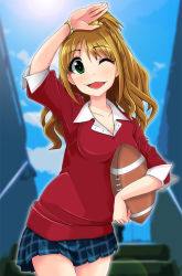 Rule 34 | 10s, 1girl, american football (object), arm up, ball, blurry, brown hair, collared shirt, depth of field, green eyes, high ponytail, highres, hino akane (idolmaster), idolmaster, idolmaster cinderella girls, long hair, looking at viewer, one eye closed, open mouth, orange hair, plaid, plaid skirt, pleated skirt, school uniform, scrunchie, shirt, skirt, smile, solo, stadium, wink, wristband, yunodon (sugar maple)