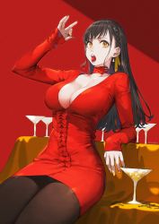 Rule 34 | 1girl, artist name, black hair, braid, breasts, cherry, choker, cleavage, cocktail, cocktail glass, commentary request, condensation, cup, dress, drinking glass, earrings, flower choker, food, food in mouth, fruit, highres, jewelry, jun (navigavi), large breasts, long hair, long sleeves, looking at viewer, nail polish, original, pantyhose, reclining, red background, red choker, red dress, solo