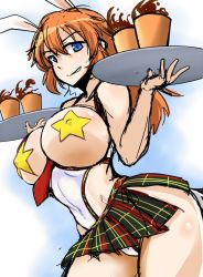 Rule 34 | 1girl, bare shoulders, blue eyes, blush, breasts, charlotte e. yeager, covered navel, cup, curvy, covered erect nipples, grin, kunashiri (etorofu), large breasts, long hair, looking at viewer, orange hair, pasties, smile, solo, strike witches, tray, wide hips, world witches series