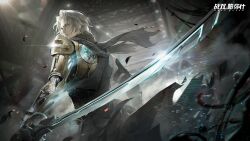 Rule 34 | 1boy, artist request, blue eyes, debris, facial hair, glowing, glowing heart, glowing sword, glowing weapon, grey hair, heterochromia, highres, holding, holding sword, holding weapon, looking back, mechanical arms, mechanical parts, official art, punishing: gray raven, rope, scar, scarf, stubble, sword, torn clothes, torn scarf, warehouse, watanabe (punishing: gray raven), weapon, yellow eyes