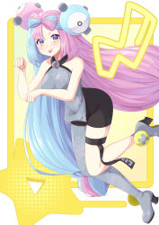 Rule 34 | 1girl, absurdres, aqua hair, bare arms, bike shorts, blush, boots, bow-shaped hair, breasts, character hair ornament, clenched hands, closed mouth, commentary request, creatures (company), game freak, grey footwear, grey vest, hair ornament, high heel boots, high heels, highres, iono (pokemon), long hair, looking at viewer, medium breasts, multicolored hair, nintendo, no jacket, pink hair, pokemon, pokemon sv, smile, solo, ssaaggwwaa, thigh strap, tongue, tongue out, twintails, two-tone hair, vest