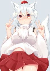 Rule 34 | 1girl, :o, animal ear fluff, animal ears, bare shoulders, blush, breasts, brown eyes, chestnut mouth, commentary request, cowboy shot, crossed bangs, detached sleeves, double v, from below, furrowed brow, grey background, hair between eyes, hat, inubashiri momiji, large breasts, looking at viewer, midriff peek, navel, open mouth, pleated skirt, pom pom (clothes), red hat, red skirt, rururiaru, shirt, short hair, simple background, skirt, solo, standing, tail, thigh gap, thighs, tokin hat, touhou, turtleneck, v, white hair, white shirt, wide sleeves, wind, wind lift, wolf ears, wolf tail