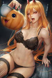 Rule 34 | 1girl, alternate breast size, black bra, black panties, black thighhighs, blonde hair, bra, breasts, chainsaw man, cleavage, fishnet thighhighs, fishnets, indoors, large breasts, long hair, looking at viewer, nail polish, neoartcore, on floor, open mouth, panties, power (chainsaw man), pumpkin, red nails, sitting, solo, thighhighs, underwear, underwear only, yellow eyes