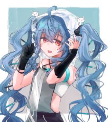 Rule 34 | 1girl, ahoge, bare shoulders, black gloves, blue hair, commentary request, double helix, girls&#039; frontline, girls&#039; frontline neural cloud, gloves, hair between eyes, hands up, helix (neural cloud), highres, long hair, looking at viewer, nishi yukihira, open mouth, red eyes, sleeveless, smile, solo, twintails, upper body, very long hair