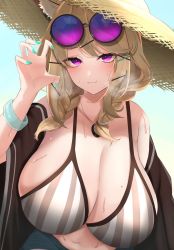 Rule 34 | 1girl, animal ears, arknights, asumi maboroshi, blonde hair, blue background, bracelet, braid, breasts, claw pose, claws, cleavage, eyewear on head, fang, hair ornament, hair ribbon, hat, highres, huge breasts, jewelry, looking at viewer, mole, mole on breast, nail polish, navel, purple eyes, ribbon, simple background, skin fang, solo, steam, straw hat, sunglasses, sweat, swimsuit, utage (arknights), utage (summer flowers) (arknights)