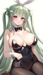 Rule 34 | 1girl, absurdres, animal ears, black bow, black bowtie, black leotard, blush, bow, bowtie, breasts, detached collar, fake animal ears, goddess of victory: nikke, green hair, highres, large breasts, leotard, long hair, looking at viewer, mole, narijade, open mouth, pantyhose, playboy bunny, purple eyes, rabbit ears, soda (nikke), soda (twinkling bunny) (nikke), solo, white background, wrist cuffs