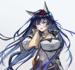 Rule 34 | animal ears, arknights, bandages, black hair, blaze (arknights), blue eyes, blush, cat ears, cat girl, framed breasts, headband, highres, long hair, smile, solo, spacelongcat, very long hair, wiping sweat