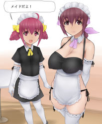Rule 34 | 10s, 2girls, abubu, age difference, breasts, cleavage, covered erect nipples, elbow gloves, female focus, gloves, hoshizora ikuyo, hoshizora miyuki, japanese text, large breasts, maid, maid headdress, mature female, mother and daughter, multiple girls, panties, pink eyes, pink hair, precure, side-tie panties, size difference, smile, smile precure!, standing, text focus, thighhighs, translated, underwear