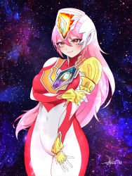 Rule 34 | 1girl, absurdres, arm under breasts, bodysuit, chinese commentary, covered navel, fang, fang out, floating hair, genderswap, genderswap (mtf), hand on own thigh, helmet, highres, holding own arm, humanization, long hair, looking ahead, pink hair, smile, solo, space, tokusatsu, ultra series, ultraman decker, ultraman decker (series), yi (user jwth4284)