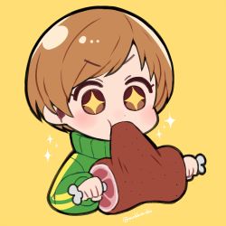 Rule 34 | + +, 1girl, blush, boned meat, brown eyes, brown hair, chibi, commentary request, do m kaeru, eating, food, food in mouth, full mouth, green jacket, green theme, holding, holding food, holding meat, jacket, light brown hair, long sleeves, meat, mouthful, open mouth, persona, persona 4, satonaka chie, short hair, simple background, solo, sparkle, star-shaped pupils, star (symbol), symbol-shaped pupils, tomboy, track jacket, twitter username, yellow background