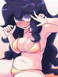 Rule 34 | 1girl, :&gt;, @ @, ahoge, alternate breast size, bad id, bad twitter id, bikini, blue hair, blue nails, blush, breasts, creatures (company), embarrassed, from above, game freak, hairband, hex maniac (pokemon), highres, inarou (rakugakiproject), long hair, looking at viewer, medium breasts, messy hair, nail polish, navel, nintendo, npc trainer, open mouth, pokemon, pokemon xy, purple hairband, sitting, solo, swimsuit, v, very long hair