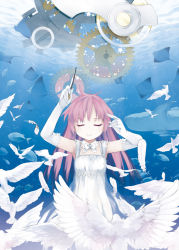 Rule 34 | 1girl, bad id, bad pixiv id, bare shoulders, conductor baton, bird, bow, bowtie, brown hair, conductor, dress, elbow gloves, closed eyes, feathers, fish, flat chest, gears, gloves, happy, kusano houki, long hair, original, pink hair, shark, smile, solo, surreal, underwater, water, white dress, aged down