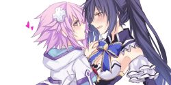 Rule 34 | 10s, 2girls, bare shoulders, black hair, blush, breasts, choker, cleavage, cropped jacket, d-pad, detached collar, detached sleeves, female focus, hair ornament, hand on another&#039;s shoulder, hatyo, heart, hood, hoodie, imminent kiss, long hair, multiple girls, neptune (neptunia), neptune (series), noire (neptunia), open mouth, purple eyes, purple hair, red eyes, short hair, twintails, very long hair, yuri