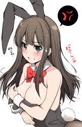 Rule 34 | 1girl, anger vein, animal ears, bare shoulders, black leotard, blush, bow, bowtie, breasts, brown hair, brown pantyhose, cleavage, clenched teeth, commentary request, covering privates, covering breasts, fake animal ears, fake tail, idolmaster, idolmaster cinderella girls, large breasts, leotard, long hair, looking at viewer, pantyhose, playboy bunny, rabbit ears, rabbit tail, red bow, red bowtie, serebi ryousangata, shibuya rin, simple background, solo, spoken anger vein, tail, teeth, white background