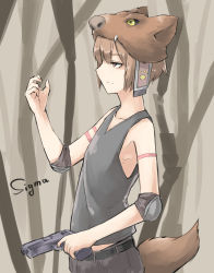 Rule 34 | 1boy, absurdres, animal ears, belt, black belt, brown eyes, collarbone, commentary request, elbow pads, fangs, from side, grey shirt, gun, hat, highres, holding, holding gun, holding weapon, male focus, original, shirt, short hair, solo, tail, weapon, wolf tail, yellow eyes, yumoto motoyu