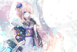 Rule 34 | 1girl, animal, bare shoulders, black gloves, blue eyes, blue flower, bow, bow-shaped hair, brooch, bubble, closed mouth, comiket 102, commentary request, fish, flower, genshin impact, gloves, grey bow, grey kimono, hair flower, hair ornament, hand up, japanese clothes, jewelry, kimono, light brown hair, long hair, long sleeves, mitu yang, obi, sangonomiya kokomi, sash, smile, solo, thick eyebrows, very long hair, wide sleeves