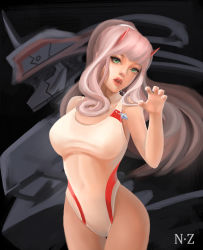 Rule 34 | 1girl, 1other, absurdres, breasts, competition swimsuit, cowboy shot, curled fingers, darling in the franxx, fangs, green eyes, hairband, highleg, highleg swimsuit, highres, horns, jewelry, lips, looking at viewer, mecha, medium breasts, n.z, necklace, one-piece swimsuit, oni horns, open mouth, pink hair, red horns, robot, strelizia, swimsuit, white hairband, white one-piece swimsuit, zero two (darling in the franxx)